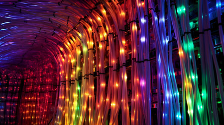 Fiber optic cables connected to internet ports in data centers.の素材