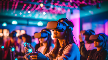 Young asian woman using virtual reality headset and playing video game at night clubの素材