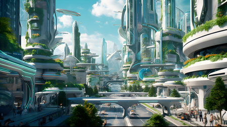 3D rendering of a futuristic city with skyscrapers in the backgroundの素材