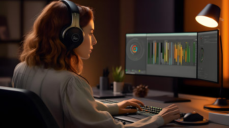 Side view of female gamer in headphones working on computer late at night.の素材
