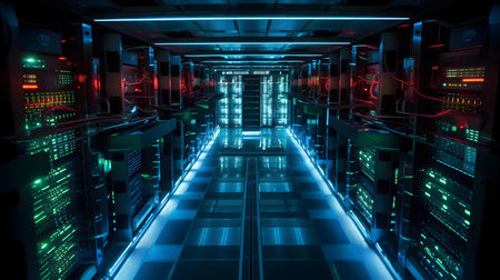 Futuristic server room with glowing lights and data center interior 3D renderingの素材