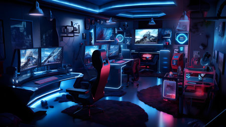 Computer room with a lot of gaming equipment, 3d rendering toned imageの素材