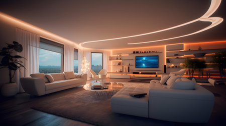 3d render of modern bright interior living room with tv.の素材