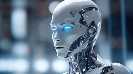 Robot humanoid face close up view 3d rendering on blurred backgroundの素材