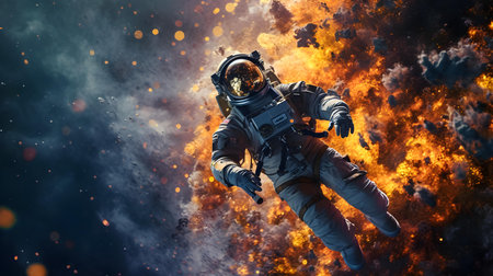 Astronaut in space suit and helmet flying in fire. Mixed mediaの素材