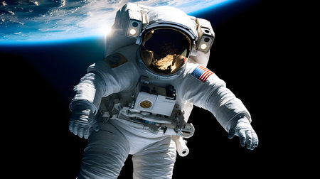Astronaut spaceman do spacewalk while working for space station. Mixed mediaの素材
