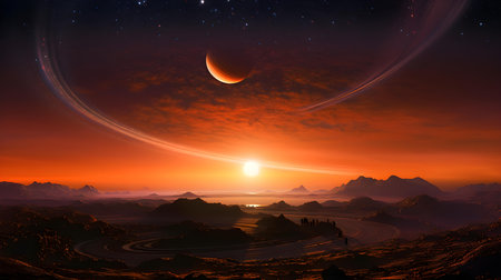 Fantasy alien planet. Mountain and sky. 3D illustration.の素材