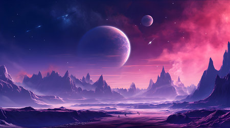 Fantasy alien planet. Mountain and moon. 3D illustration.の素材