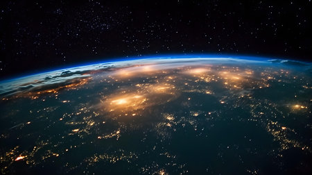 Night view of planet Earth from space with visible city lights. 3D renderingの素材