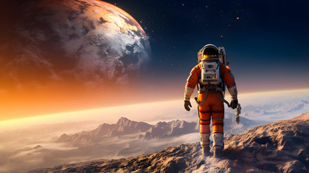 Astronaut on the background of the planet Mars. Mixed mediaの素材