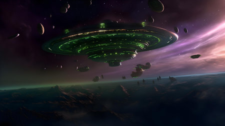UFO, alien spaceship and planets in the sky. 3D renderingの素材