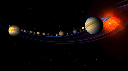 Solar System in space with planets and stars. 3D illustration.の素材