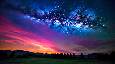 Fantasy landscape with starry sky and milky way at nightの素材