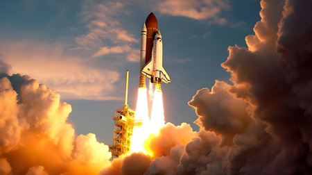 Space rocket taking off in the sky. 3d render illustration.の素材