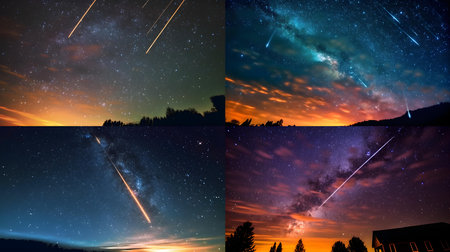 Beautiful starry sky with milky way at sunset. collageの素材