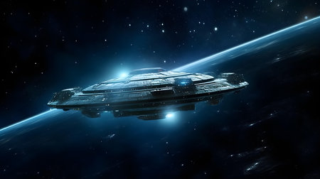 Spaceship flying in deep space. Science fiction art. 3D renderingの素材