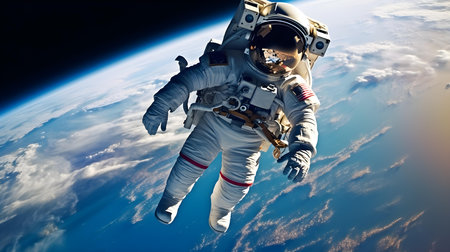 Astronaut spaceman do spacewalk while working for space station. Mixed mediaの素材