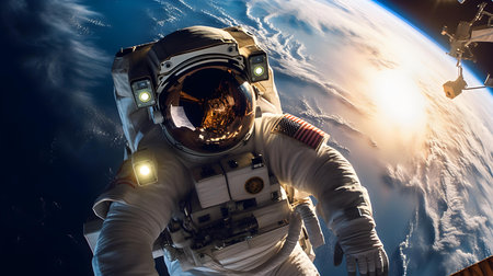 Astronaut spaceman do spacewalk while working for space station. Mixed mediaの素材