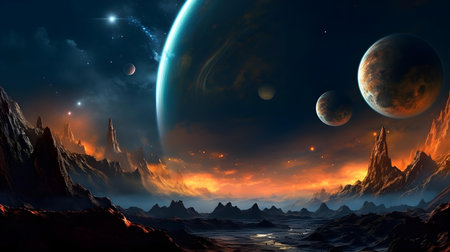 Fantasy alien planet. Mountain and lake. 3D illustration.の素材