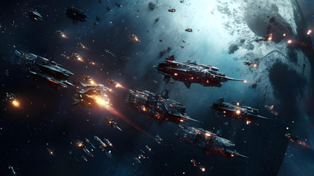 Futuristic spaceship in deep space. Science fiction wallpaper. 3D renderingの素材