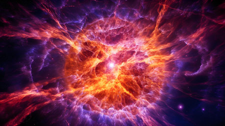 Fiery explosion in space. Abstract space background. Fantasy fractal texture. digital art 3D rendering.の素材