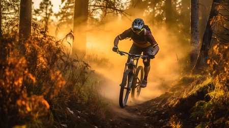 Cyclist Riding the Mountain Bike on the Trail in the Beautiful Autumn Forest.の素材