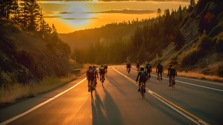 Group of cyclists riding on the road in the mountains at sunset.の素材