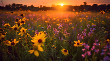 Sunset over a meadow with wild flowers. Beautiful summer landscape.の素材