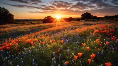 Sunset over a field of poppies and lupinesの素材