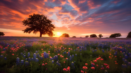 Sunset over a field of blooming Texas wildflowers.の素材