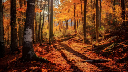 Autumn forest in the rays of the rising sun. Nature backgroundの素材