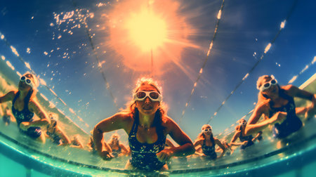 Group of young people swim in a pool at sunset. The concept of a healthy lifestyle.の素材