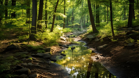 beautiful green forest in spring with a stream and reflections in the waterの素材