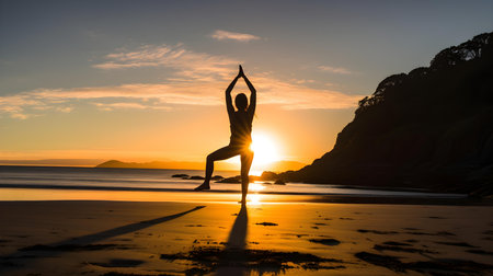 Silhouette of young woman practicing yoga on the beach at sunsetの素材