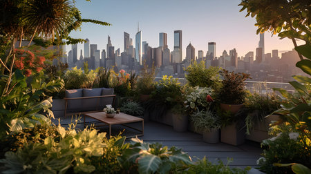 Outdoor terrace with tables and chairs overlooking the city of Chicago.の素材