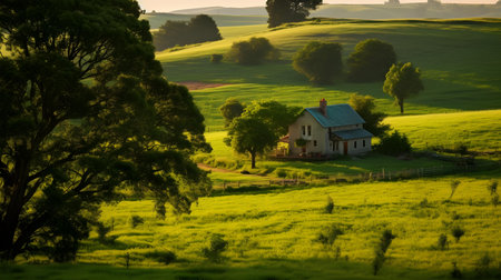 Beautiful rural landscape with farmhouse in the middle of a green fieldの素材