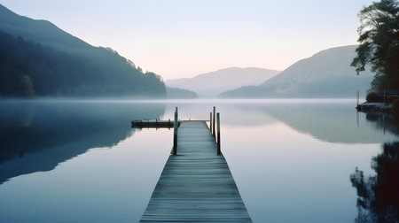 Wooden pier on a lake in the morning. Beautiful scenery.の素材