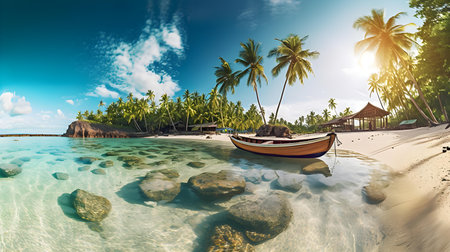 Tropical beach with palm trees and boat. 3d renderingの素材