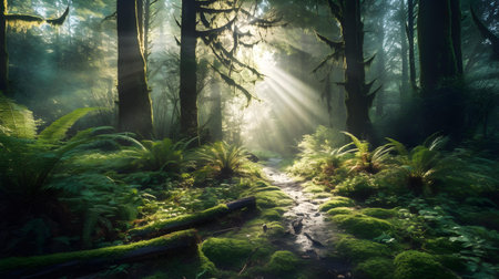 Foggy forest with sunlight shining through trees and fernsの素材
