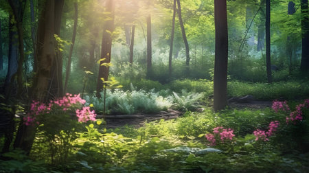 Beautiful spring forest landscape with sun rays and lens flare effect.の素材