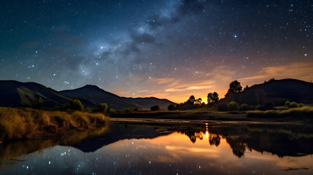 Milky Way over the lake in the mountains with reflection in waterの素材