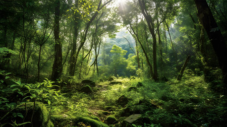 Green forest with sunlight in the morning. Nature and environment concept.の素材