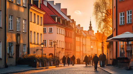 Street in the old town of Wroclaw at sunset, Polandの素材