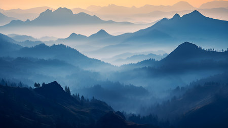 Mountain landscape at sunrise. Sunrise in the misty mountains.の素材