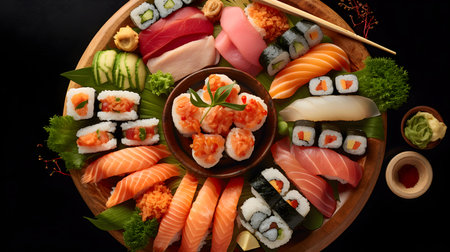 Sushi set on a black background, top view. Japanese foodの素材