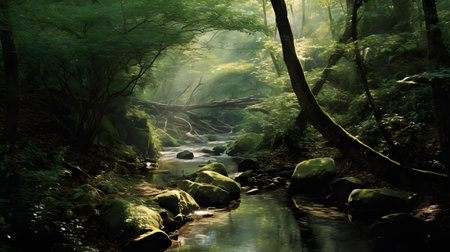 River in the forest at summer time. Beautiful nature scene with river.の素材