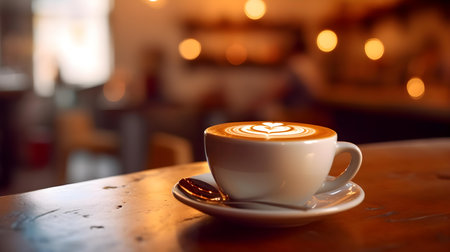 Coffee cup on table in coffee shop with bokeh backgroundの素材
