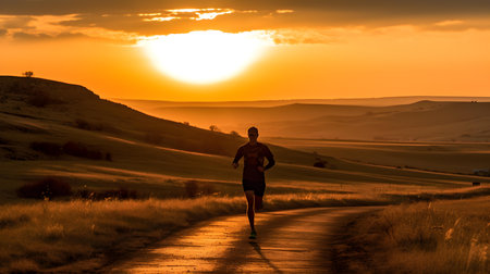 Athletic man running on a country road at sunset.の素材