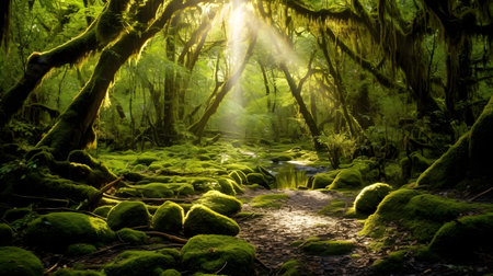 Green mossy forest with sunlight shining through the tree trunks.の素材