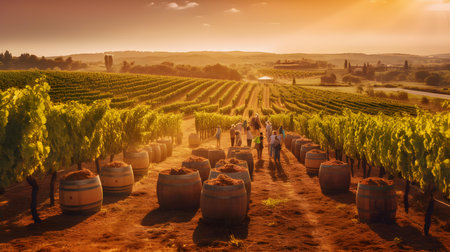 Vineyard in Tuscany at sunrise, Italy, Europeの素材